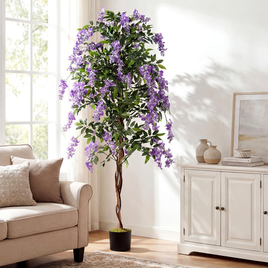 Artificial Wisteria Tree, 6 FT, Natural Trunks, Lifelike Flowers, Purple