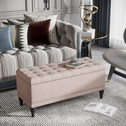 Beige Linen Storage Ottoman Bench, 42"x17"x19", Beige