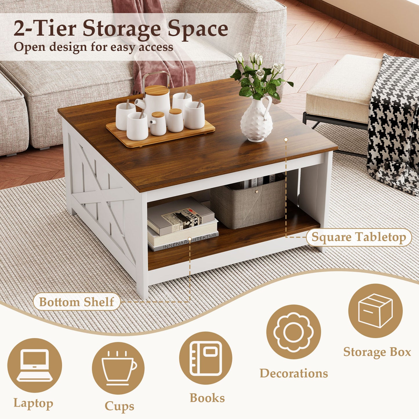 Farmhouse Coffee Table 31 Inch Square Coffee Table with Storage Shelf, White Coffee Tables at Gallery Canada
