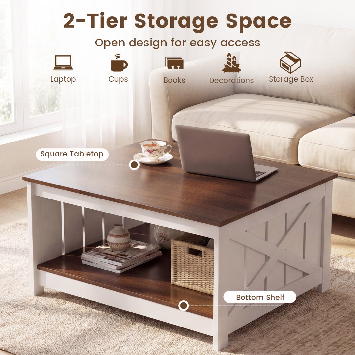 Farmhouse Coffee Table, 31 Inch Square, Storage Shelf, White Coffee Tables at Gallery Canada