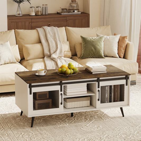Farmhouse Coffee Table with Sliding Doors Rectangular with Adjustable Shelf, Rustic Brown Coffee Tables Rustic Brown at Gallery Canada