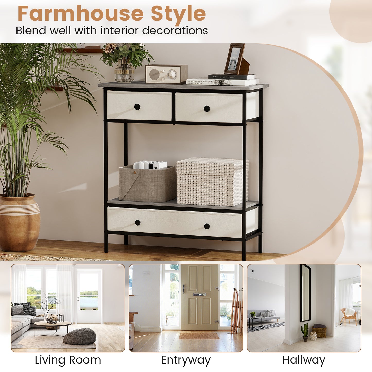 Farmhouse Console Table with Open Storage Shelf for Hallway, Gray Console Tables at Gallery Canada