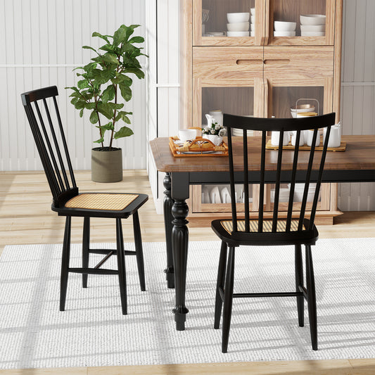 Farmhouse Solid Rubber Wood Dining Chairs Set of 2 with PE Rattan Seats, Black