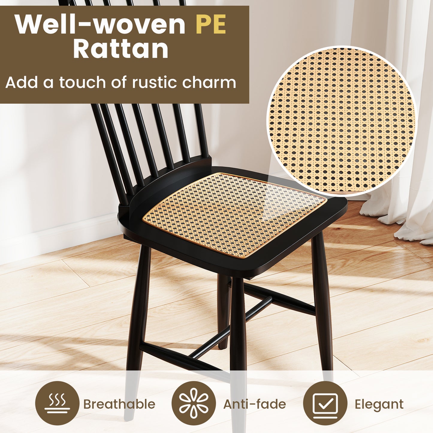 Farmhouse Solid Rubber Wood Dining Chairs Set of 2 with PE Rattan Seats, Black Dining Chairs at Gallery Canada
