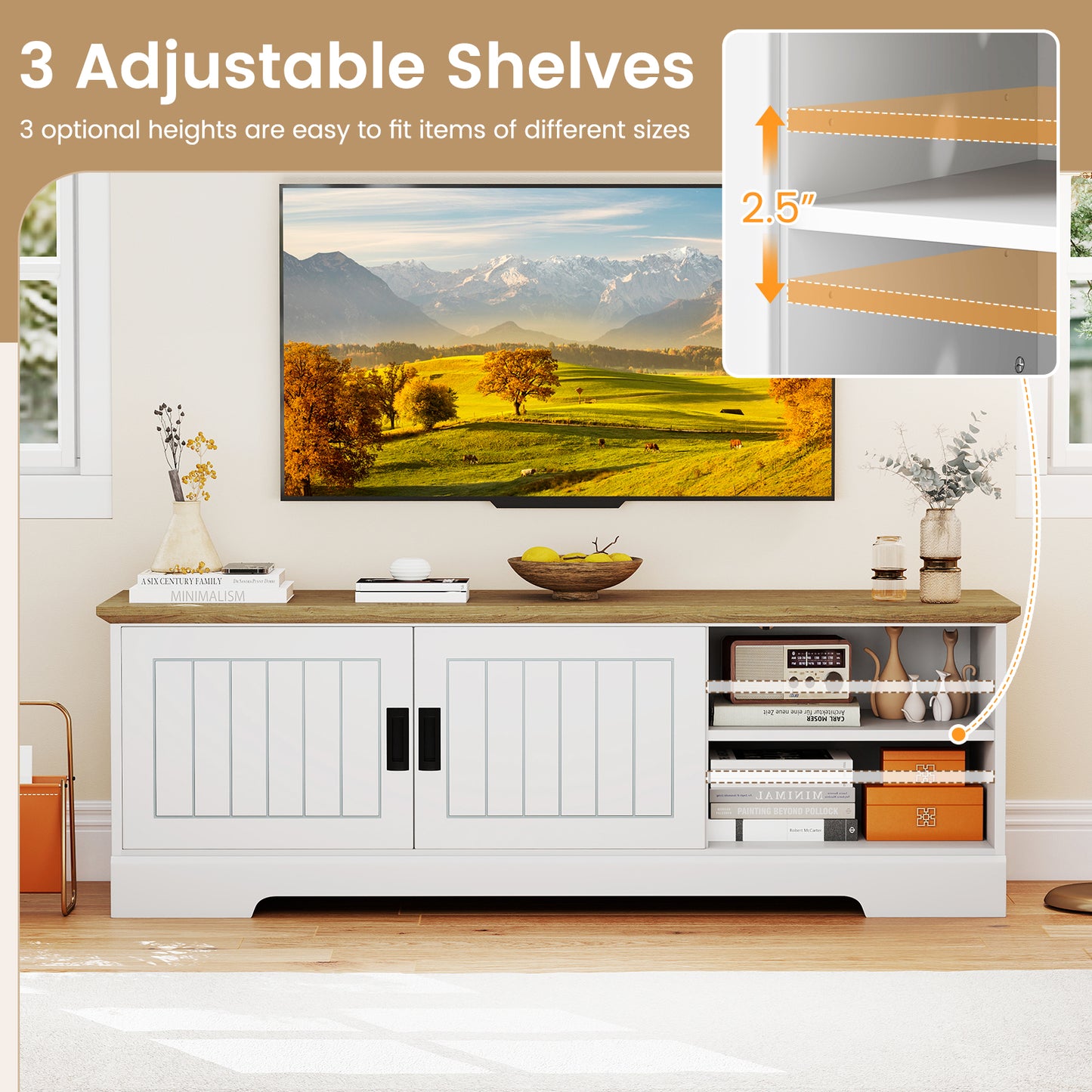 Farmhouse TV Stand For 65 Inch TVs, Sliding Doors, Storage Cabinets, White Entertainment Centers & TV Stands at Gallery Canada