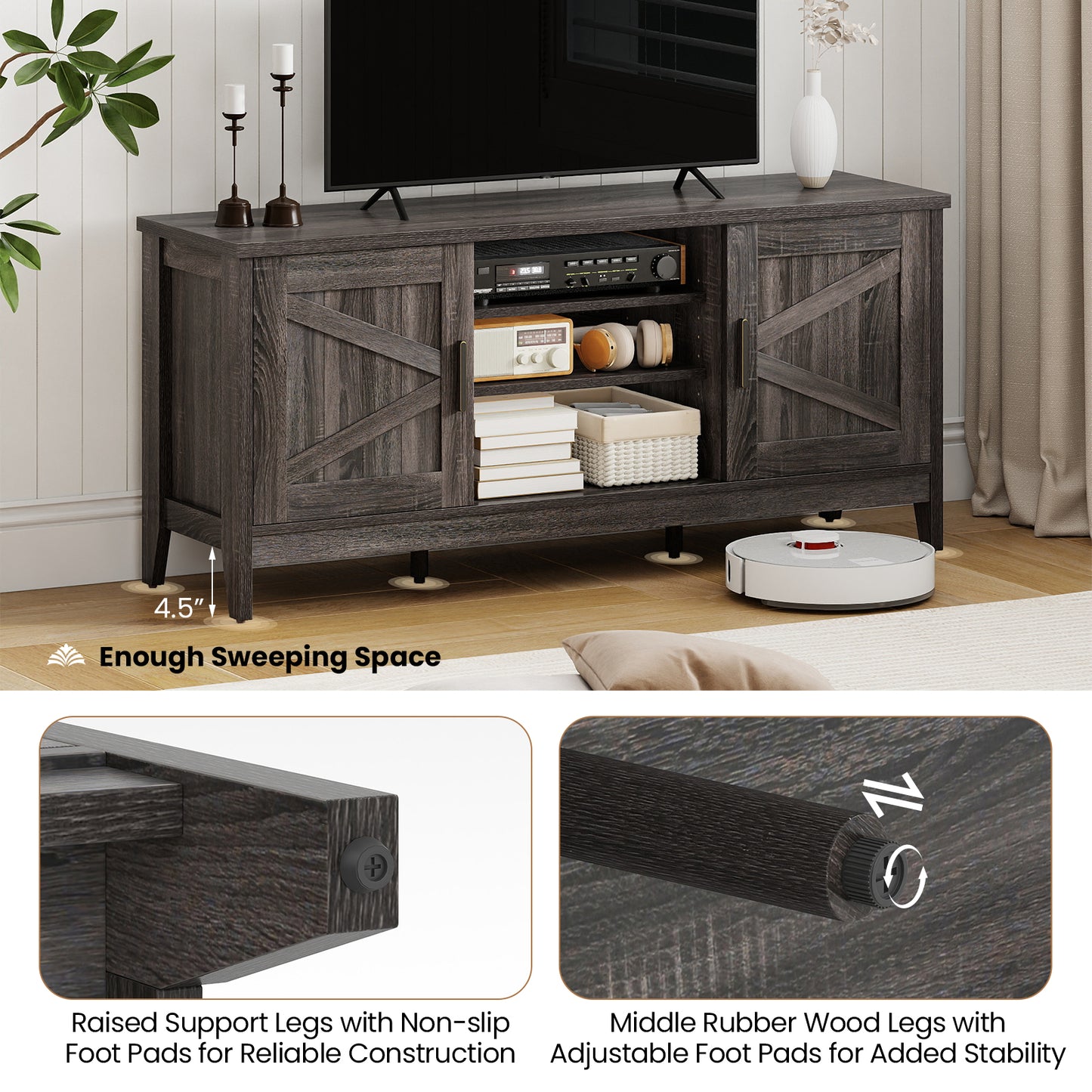 Farmhouse TV Stand for TVs up to 65 Inch Entertainment Center with 2 Storage Cabinets, Gray Entertainment Centers & TV Stands at Gallery Canada