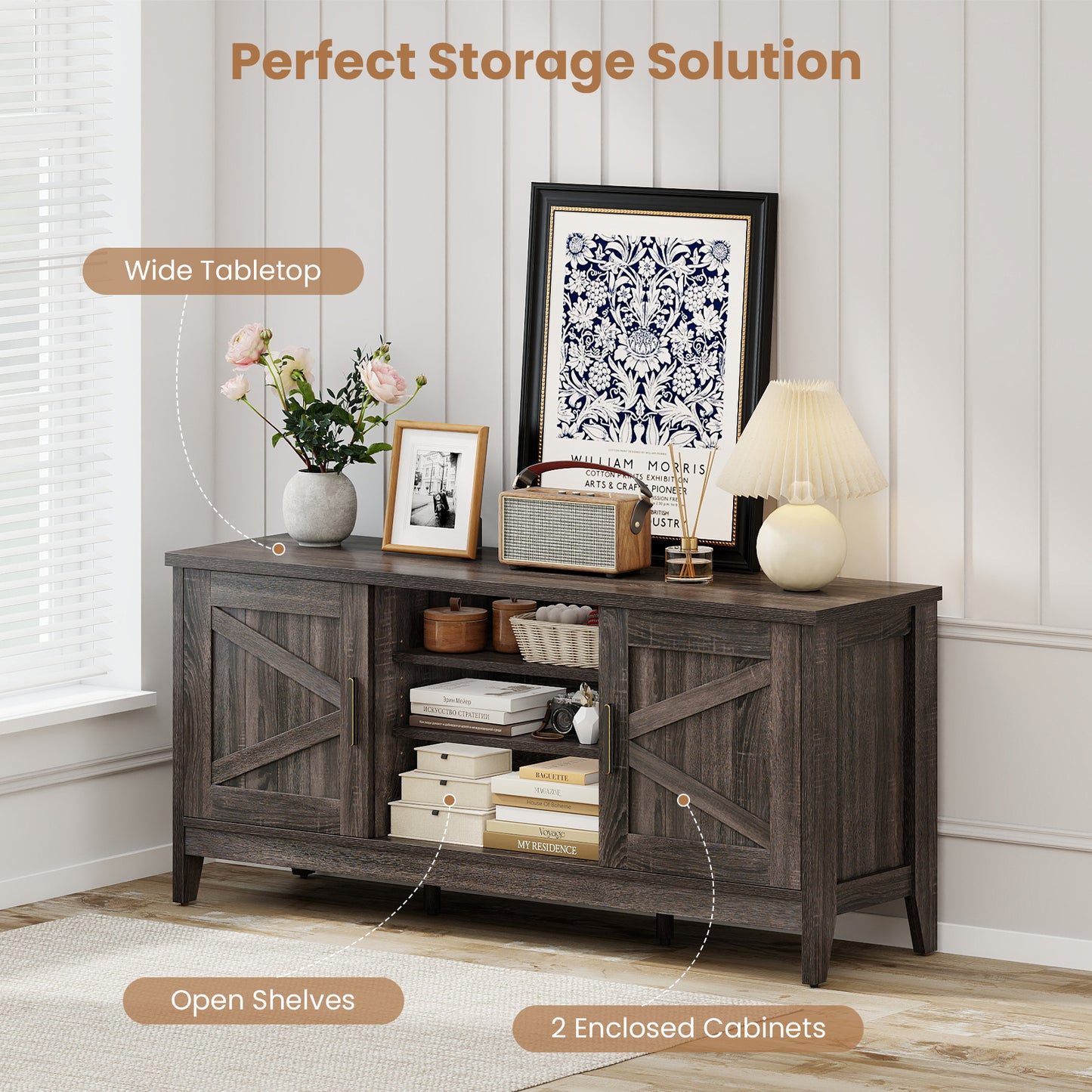 Farmhouse TV Stand for TVs up to 65 Inch Entertainment Center with 2 Storage Cabinets, Gray