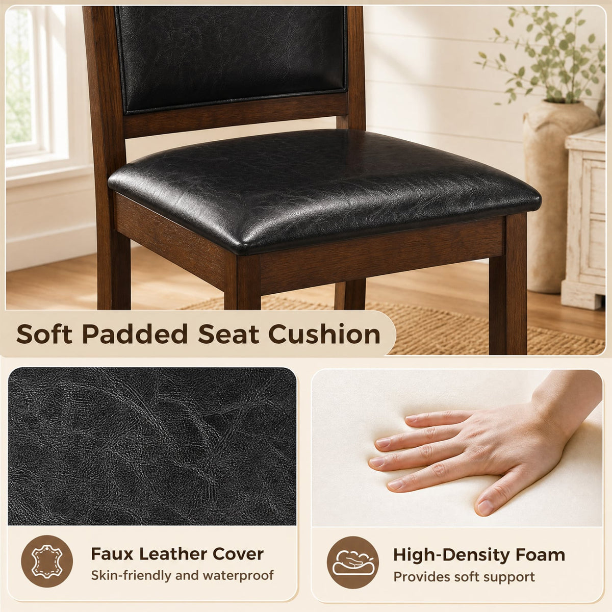 Faux Leather Wooden Farmhouse Dining Chairs Set of 4, Walnut Dining Chairs at Gallery Canada