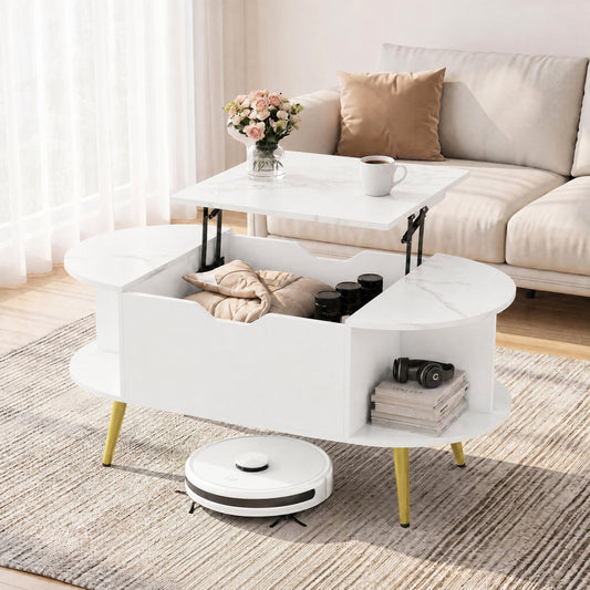 Faux Marble Lift Top Coffee Table with Hidden Compartment and Shelves, White Coffee Tables White at Gallery Canada