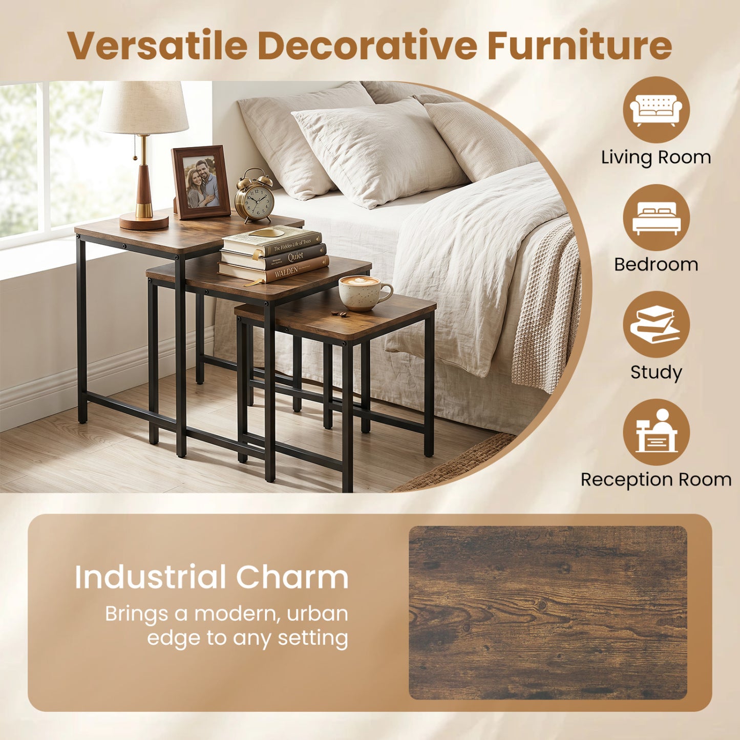 Faux Marble Nesting Tables Set of 3, Rustic Brown