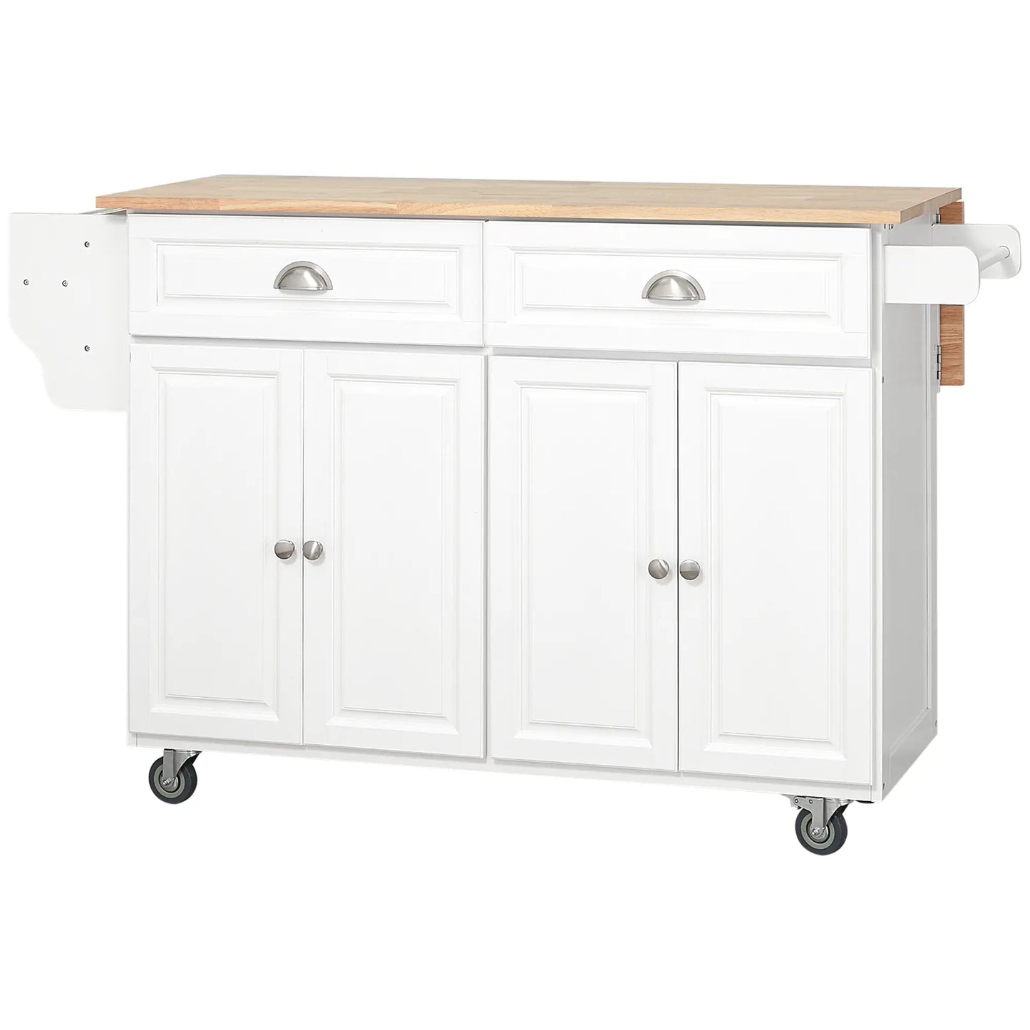 Kitchen Island with Storage, Drop Leaf, Rubber Wood Top, Adjustable Shelves, White Kitchen Islands & Kitchen Carts at Gallery Canada