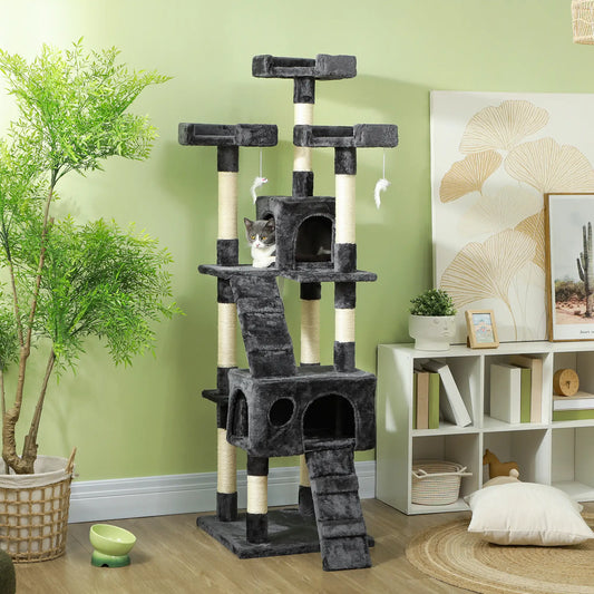 68-Inch Multi-Level Cat Scratching Tree, Kitty Activity Center, Grey Cat Towers Grey at Gallery Canada
