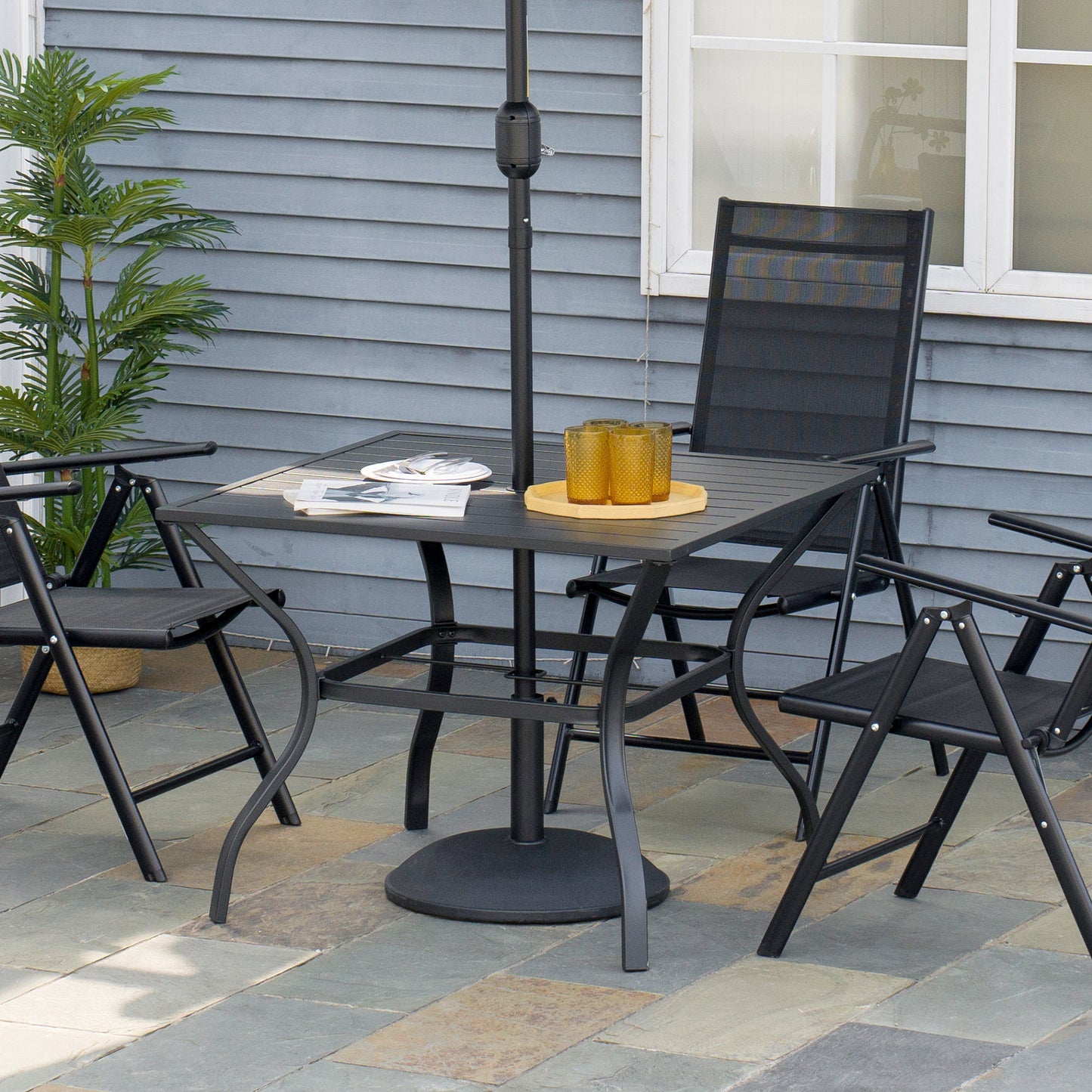 Outdoor Dining Table for Four, Patio Table with Parasol Hole, Square Garden Table with Slatted Metal Plate Top, for Backyard, Poolside, Black at Gallery Canada