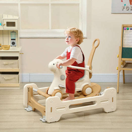 Rocking Horse for Toddlers, Balance Board, Push Handle, 4 Wheels, Brown Rocking Horses White, Brown at Gallery Canada