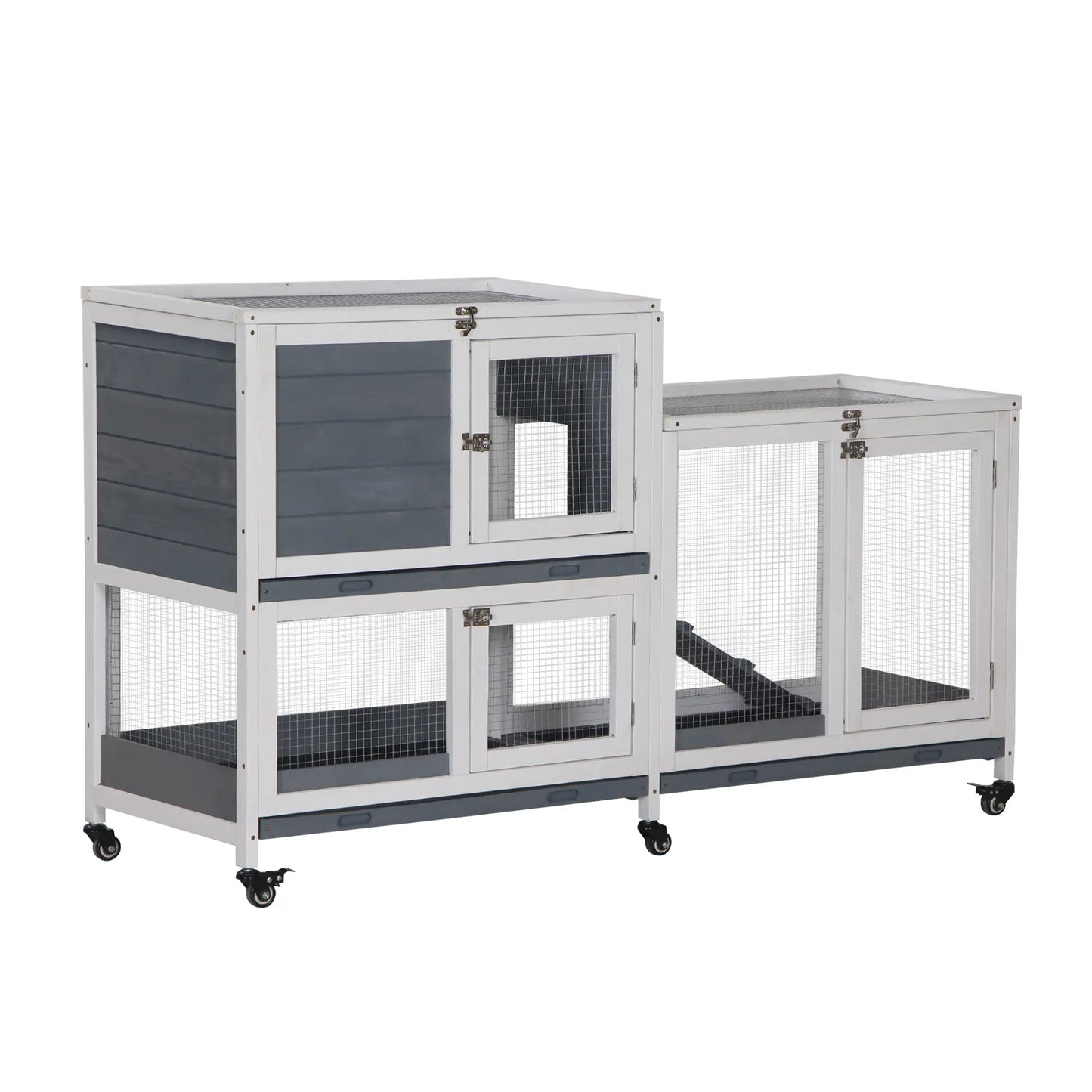 Wooden Rabbit Hutch, Bunny Cage, Small Animal Habitat, Slide-out Tray, Lockable Door, Openable Top, 58" x 18" x 35", Grey Rabbit Hutch at Gallery Canada