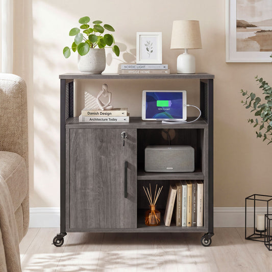 Mobile File Cabinet With Charging Station, Cable Management Hole, Gray