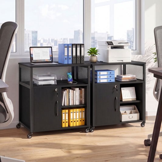 File Cabinet on Wheels with Charging Station and Cable Management Hole, Black File Cabinets Black at Gallery Canada