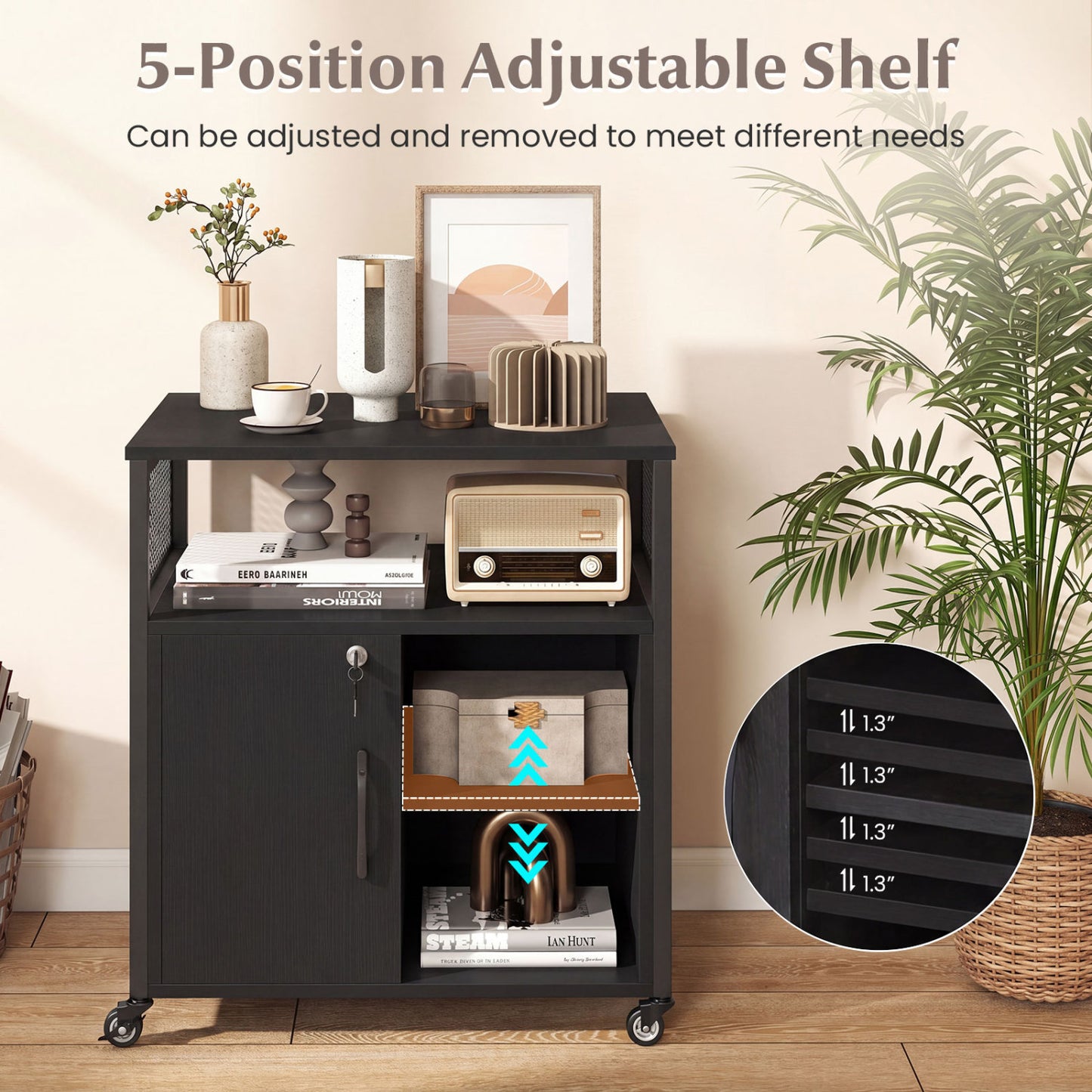 File Cabinet on Wheels with Charging Station and Cable Management Hole, Black File Cabinets at Gallery Canada