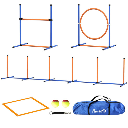 Dog Agility Training Equipment w/ Weave Poles, Adjustable Hurdle, Jump Ring, Pause Box, Whistle, Balls, Carry Bag - Gallery Canada