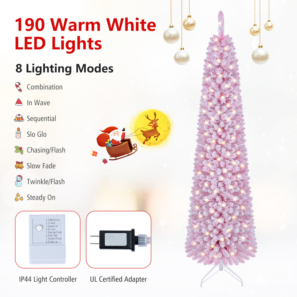 Flocked Pre-Lit Pencil Christmas Tree, 8 Modes, 7 FT, Pink Christmas Tree at Gallery Canada