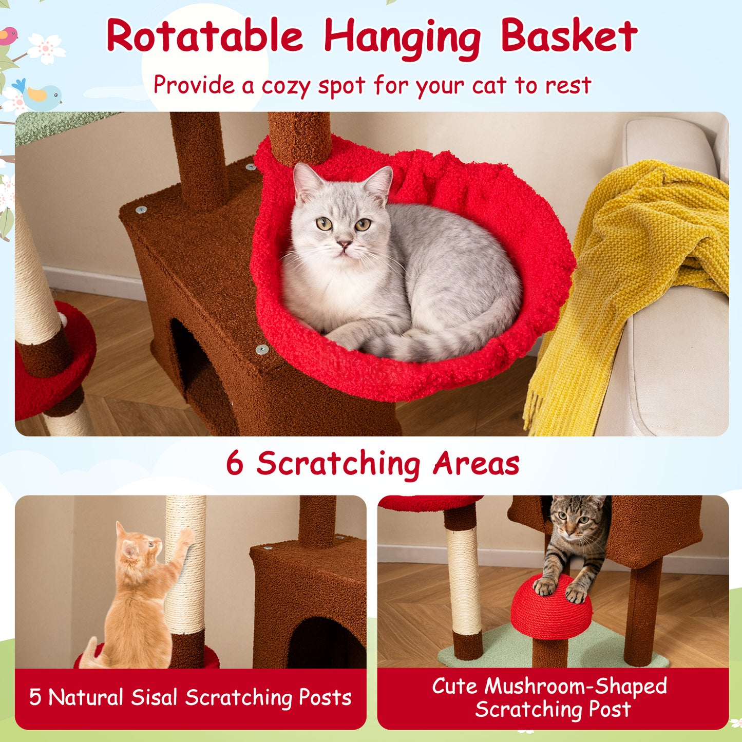 Floor to Ceiling Cat Tree Adjustable Mushroom Themed with Condo and Hammock, Brown Cat Trees Condos & Scratchers at Gallery Canada