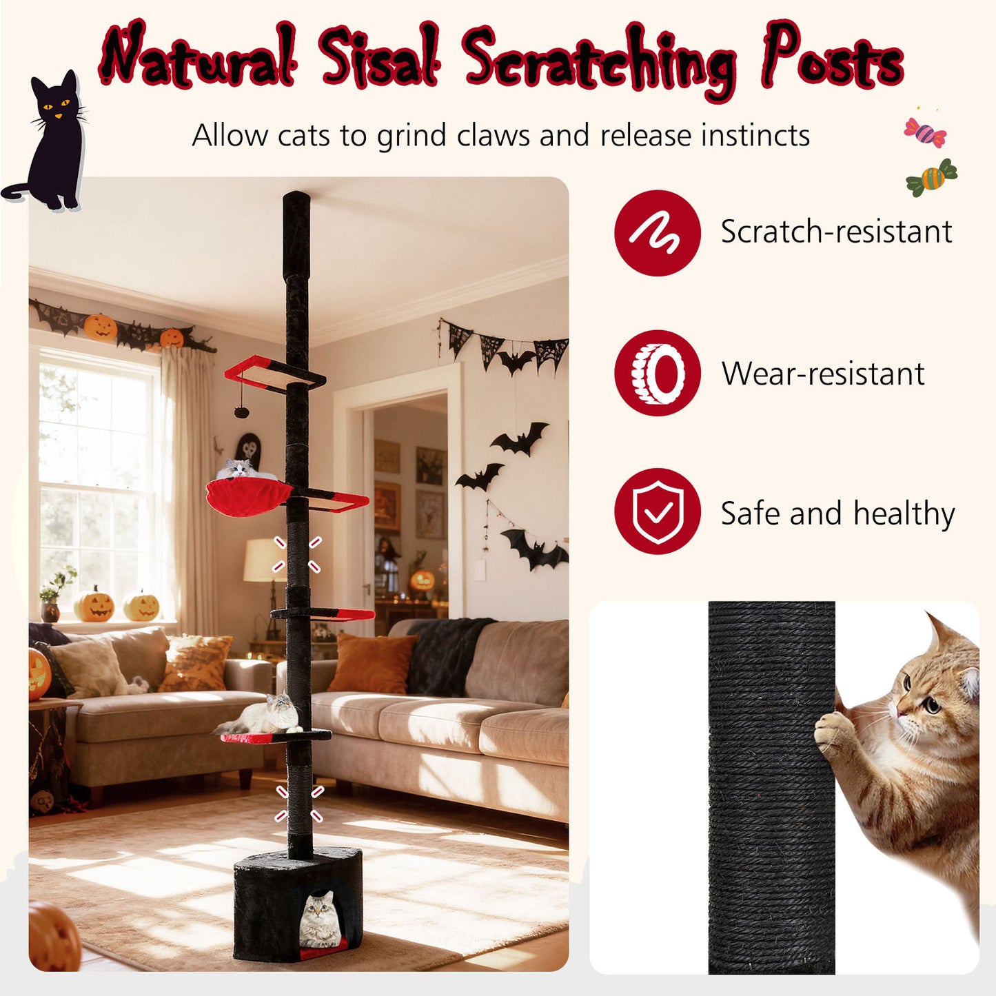 Gothic Cat Tree, 97-118 Inches, 5-Tier With Condo, Black, Red Cat Trees Condos & Scratchers at Gallery Canada