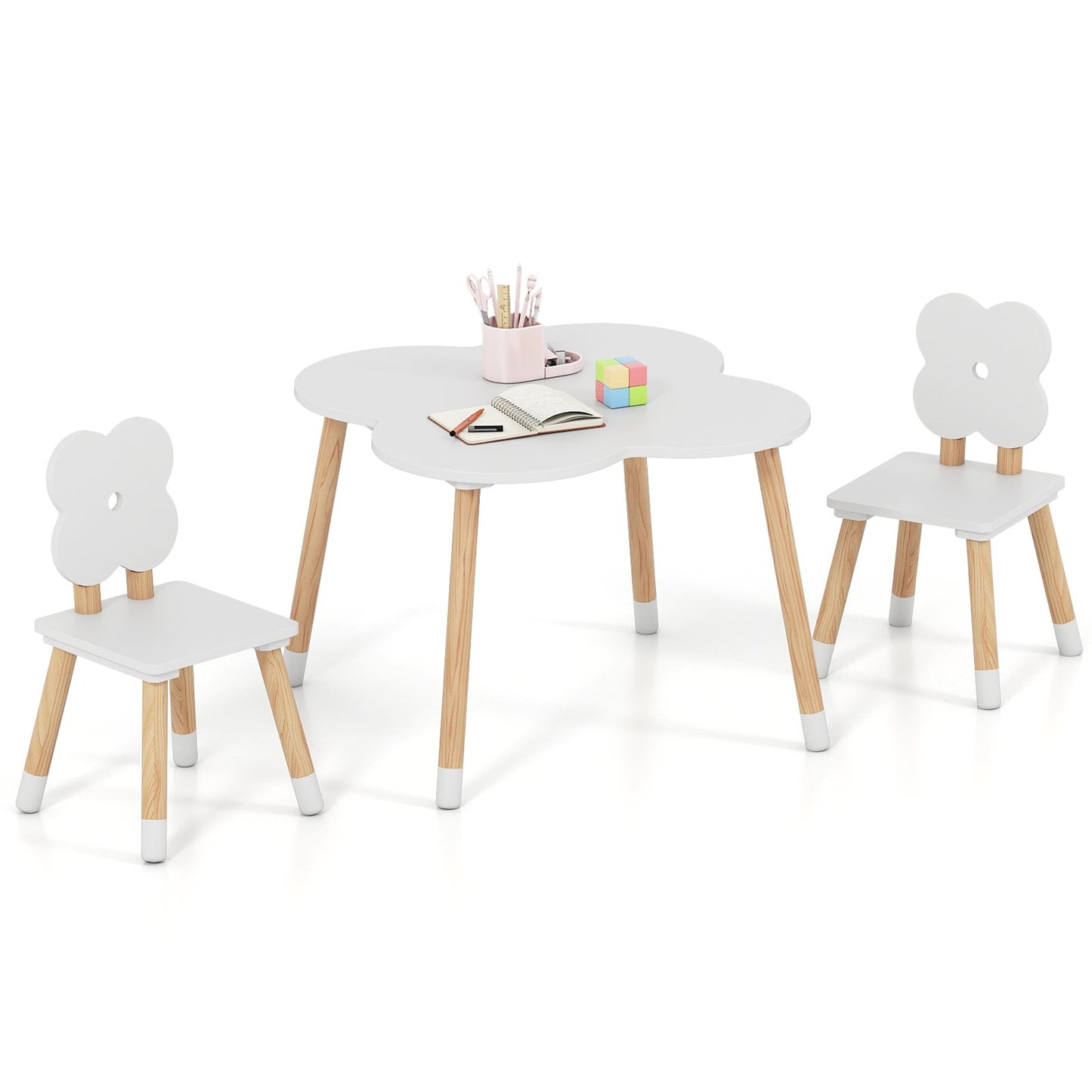 Flower-shaped Kids Table Set with Solid Pine Wood Legs, White Kids Table & Chair Sets White at Gallery Canada