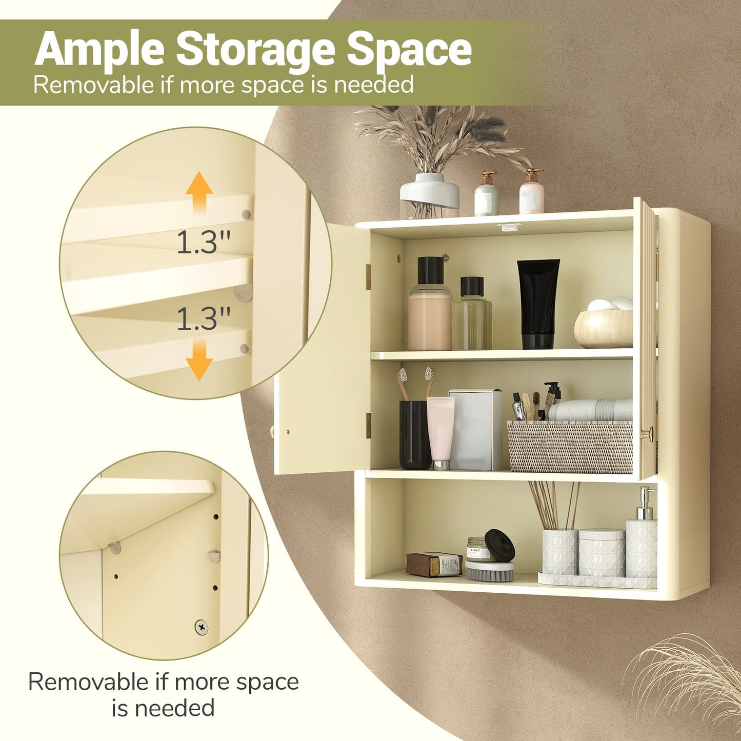 Fluted Bathroom Wall Cabinet with Open Shelf, Beige Wall Cabinets at Gallery Canada