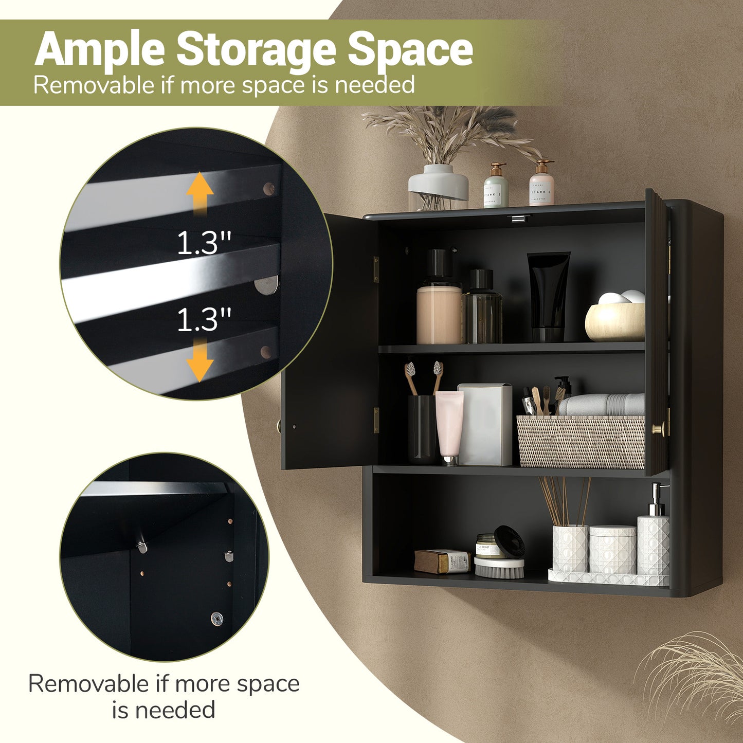 Fluted Bathroom Wall Cabinet With Open Shelf, Black Wall Cabinets at Gallery Canada