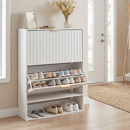 Fluted Shoe Cabinet, 2 Flip Drawers, Open Storage, White Shoe Racks & Storage Benches White at Gallery Canada
