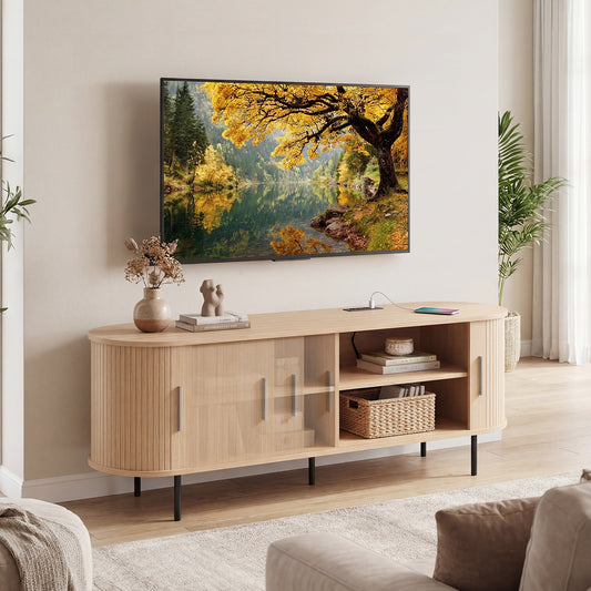 Fluted TV Stand For 60", Mid Century, Curved, Natural Entertainment Centers & TV Stands Natural at Gallery Canada