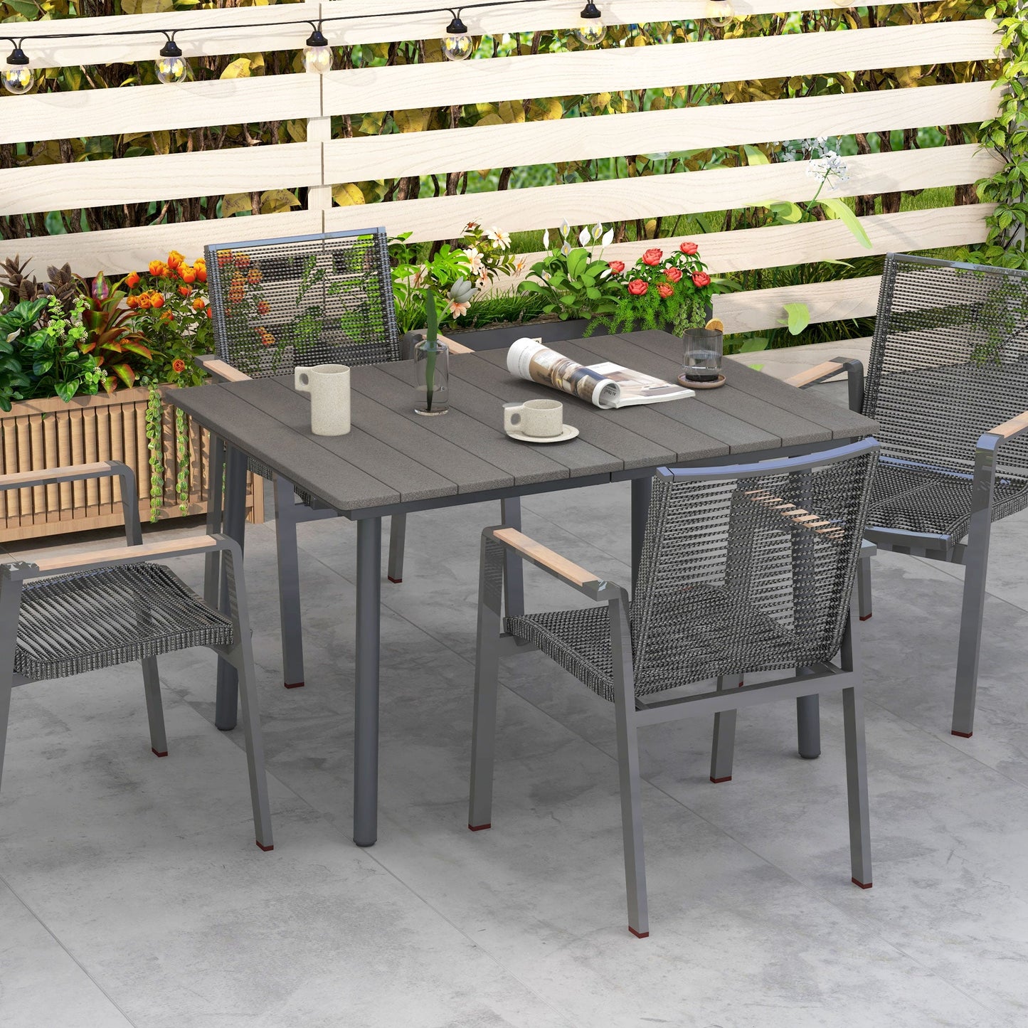 47" Outdoor Dining Table with Umbrella Hole, Aluminium Frame, HDPE Table Top, Slatted Design for Backyard, Dark Grey at Gallery Canada