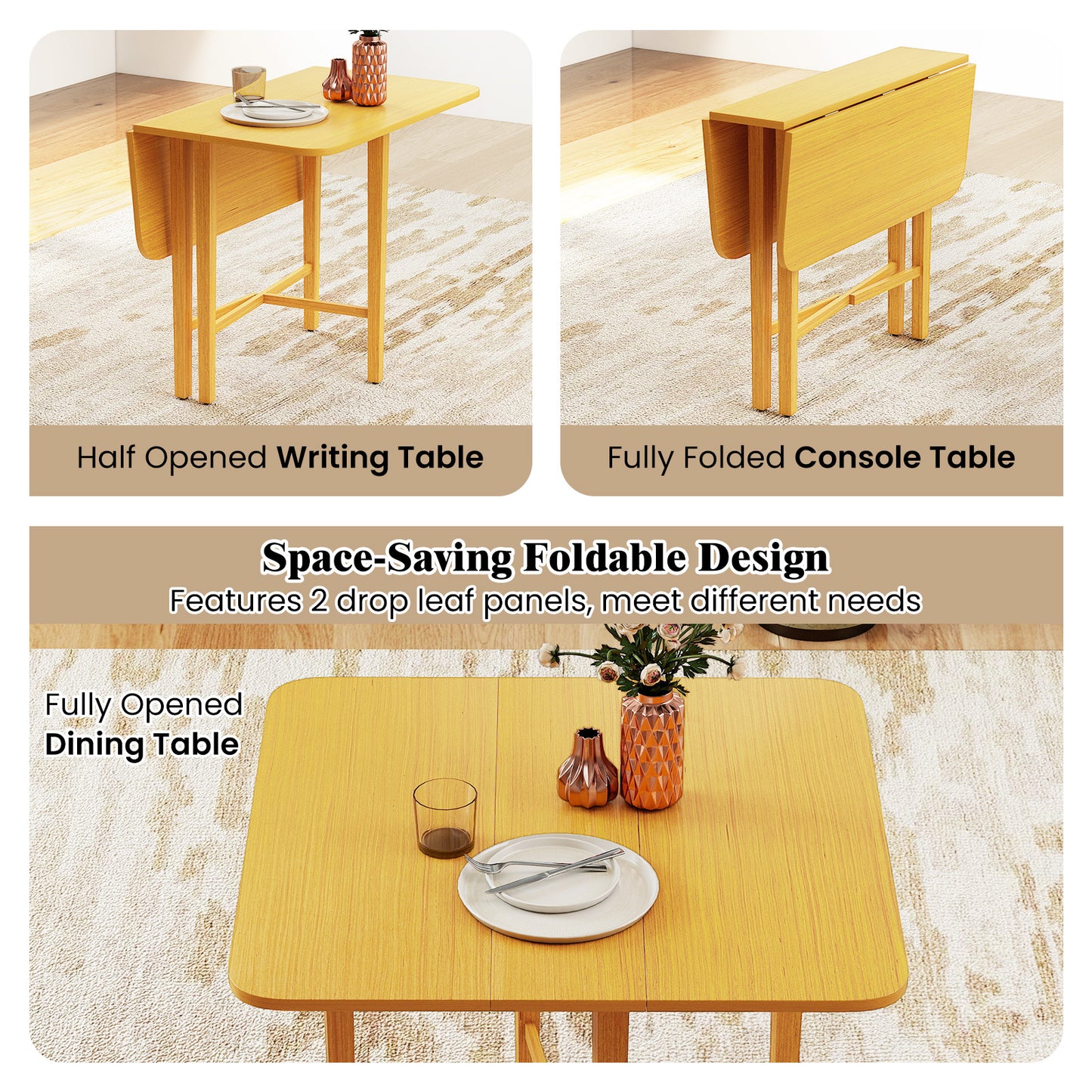 Foldable Dining Table for 2-4 People with Rubber Wood Legs for Small Space, Natural Dining Tables at Gallery Canada