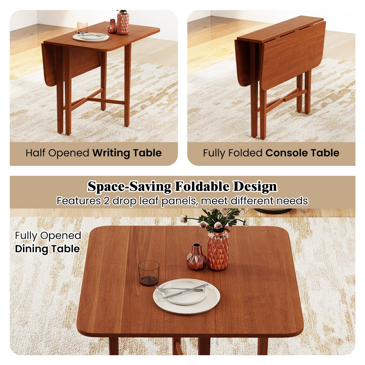 Foldable Dining Table for 2-4 People with Rubber Wood Legs for Small Space, Walnut Dining Tables at Gallery Canada