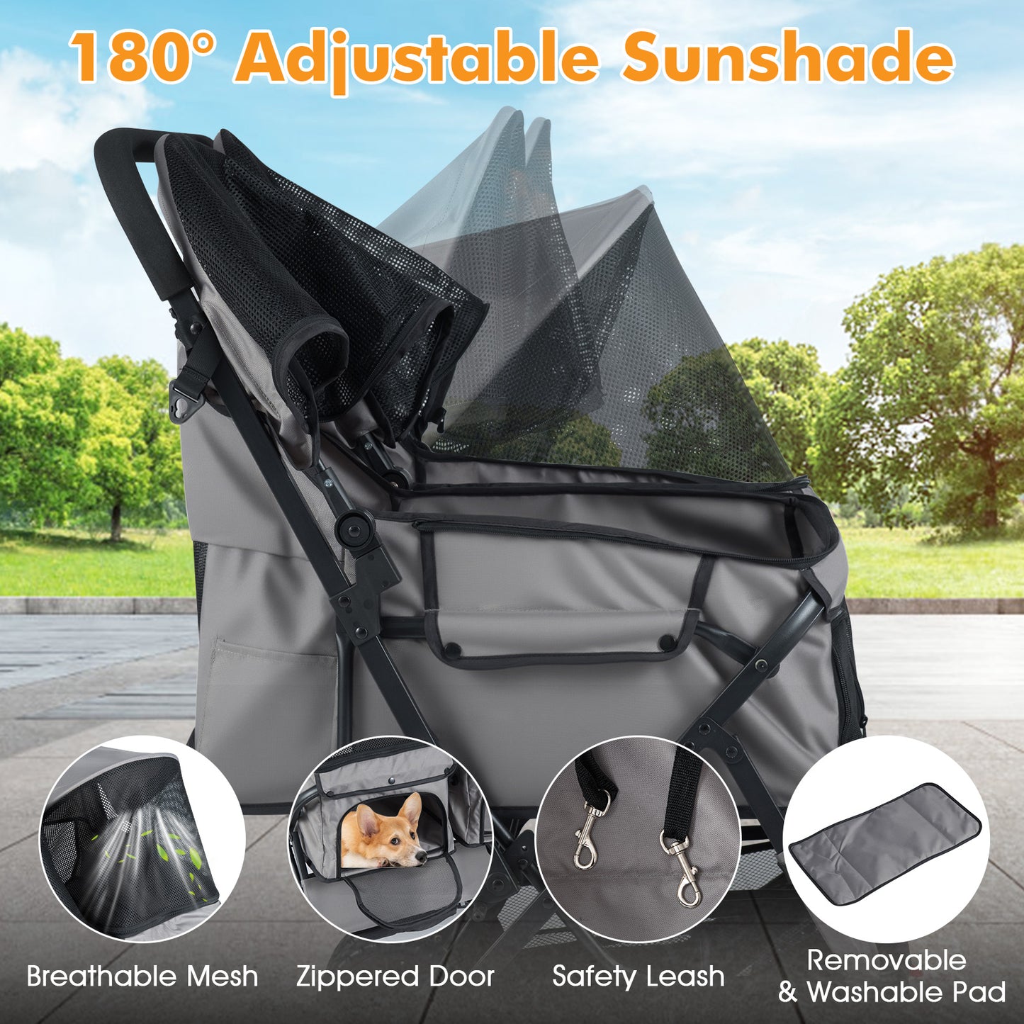 Foldable Double Pet Stroller, Adjustable Sunshade, Storage Basket, Gray Cat Supplies at Gallery Canada