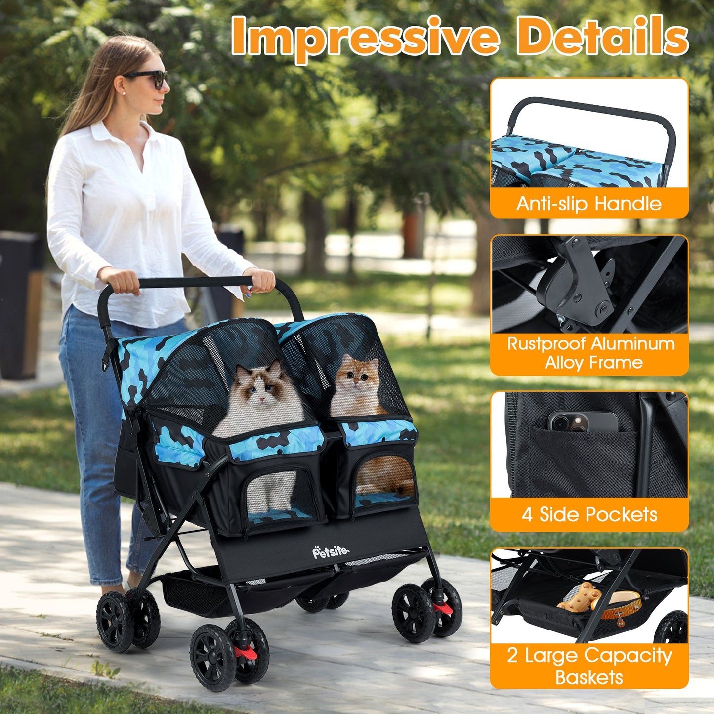 Foldable Double Pet Stroller with Adjustable Sunshade and Storage Basket, Navy Cat Supplies at Gallery Canada