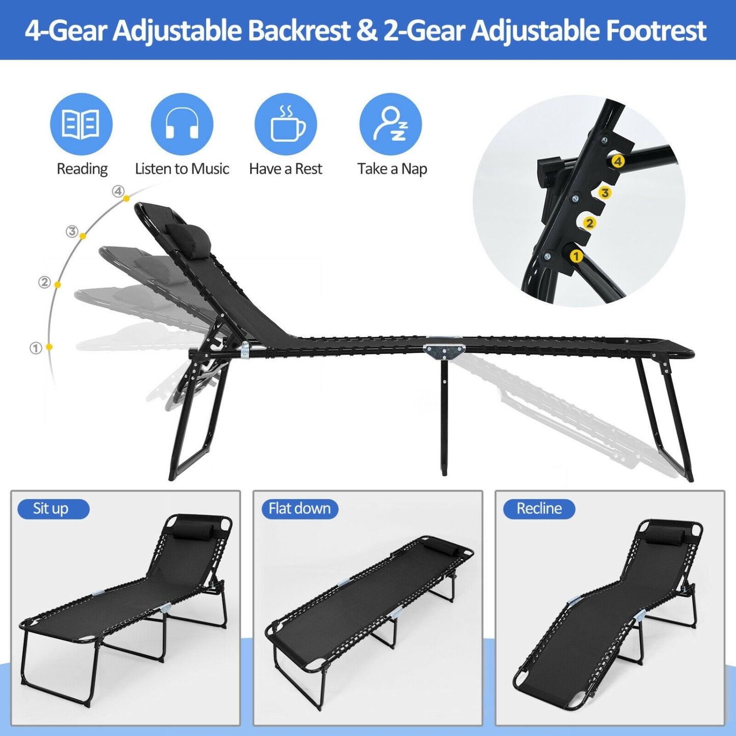 Foldable Recline Lounge Chair, Adjustable Backrest, Footrest, Black Outdoor Chaise Lounges at Gallery Canada