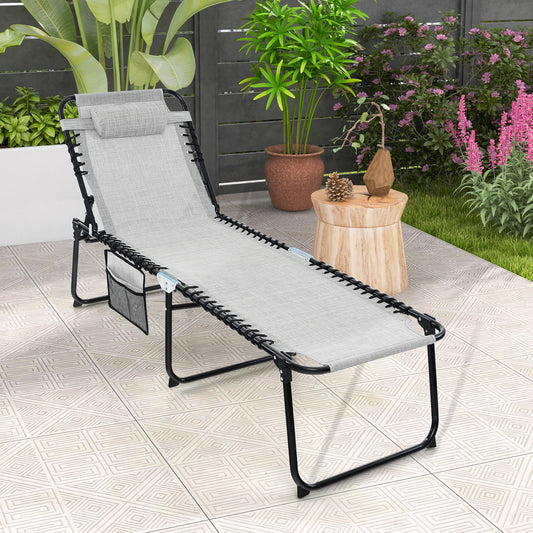 Chaise longue pliable, dossier réglable, repose-pieds, gris