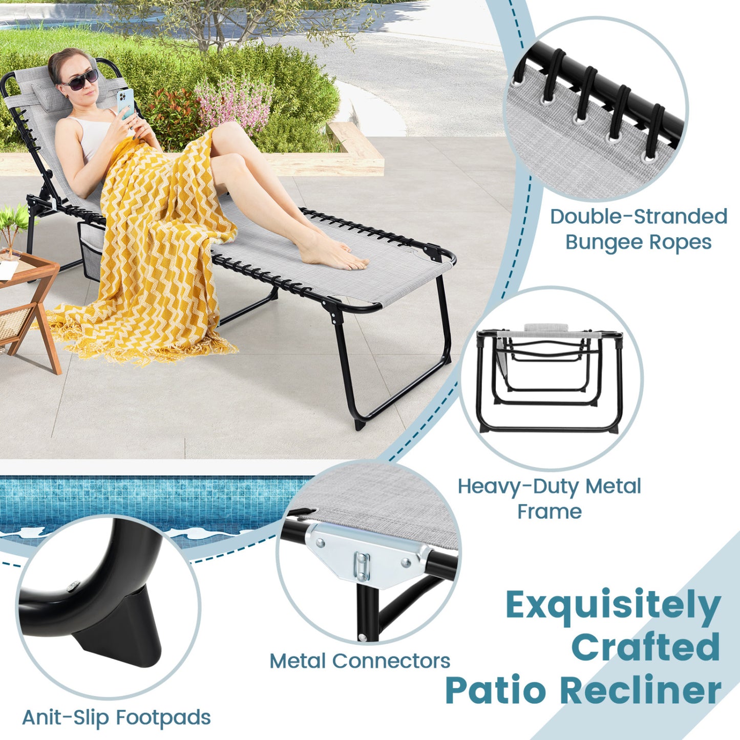 Foldable Recline Lounge Chair, Adjustable Backrest, Footrest, Gray Outdoor Chaise Lounges at Gallery Canada