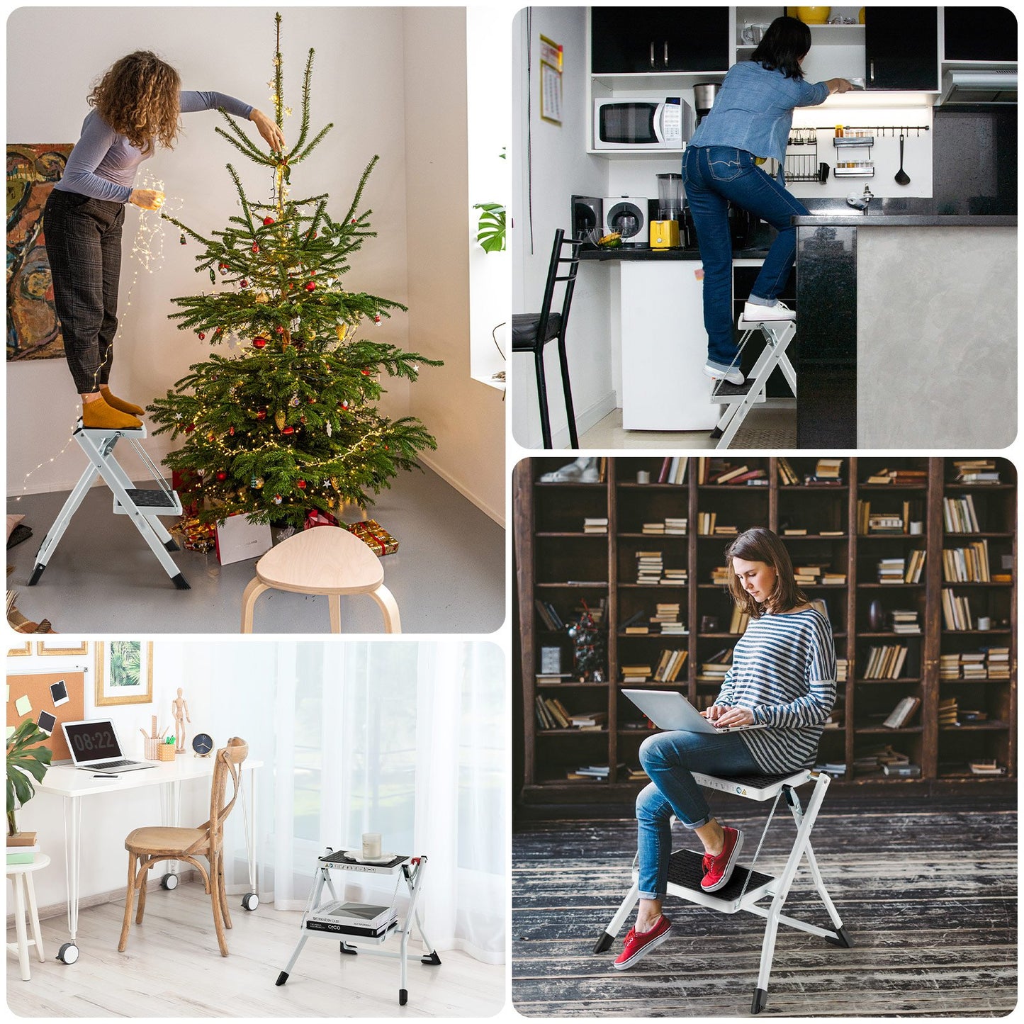 Folding 2 Step Ladder wiht Anti-Slip Pedal and Large Foot Pads, Black & White Ladders at Gallery Canada