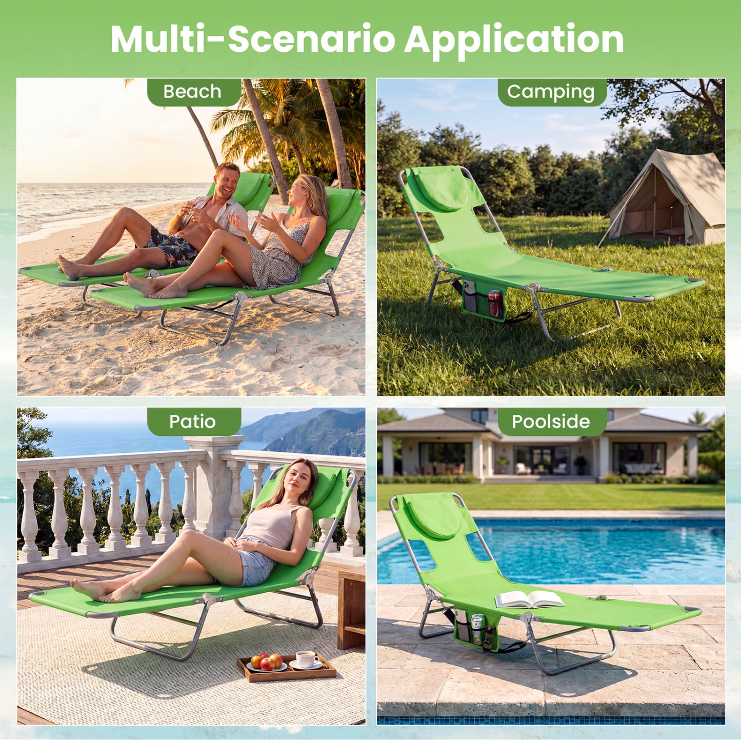 Folding Beach Lounge Chair, Adjustable Backrest, Green Beach & Lawn Chairs at Gallery Canada