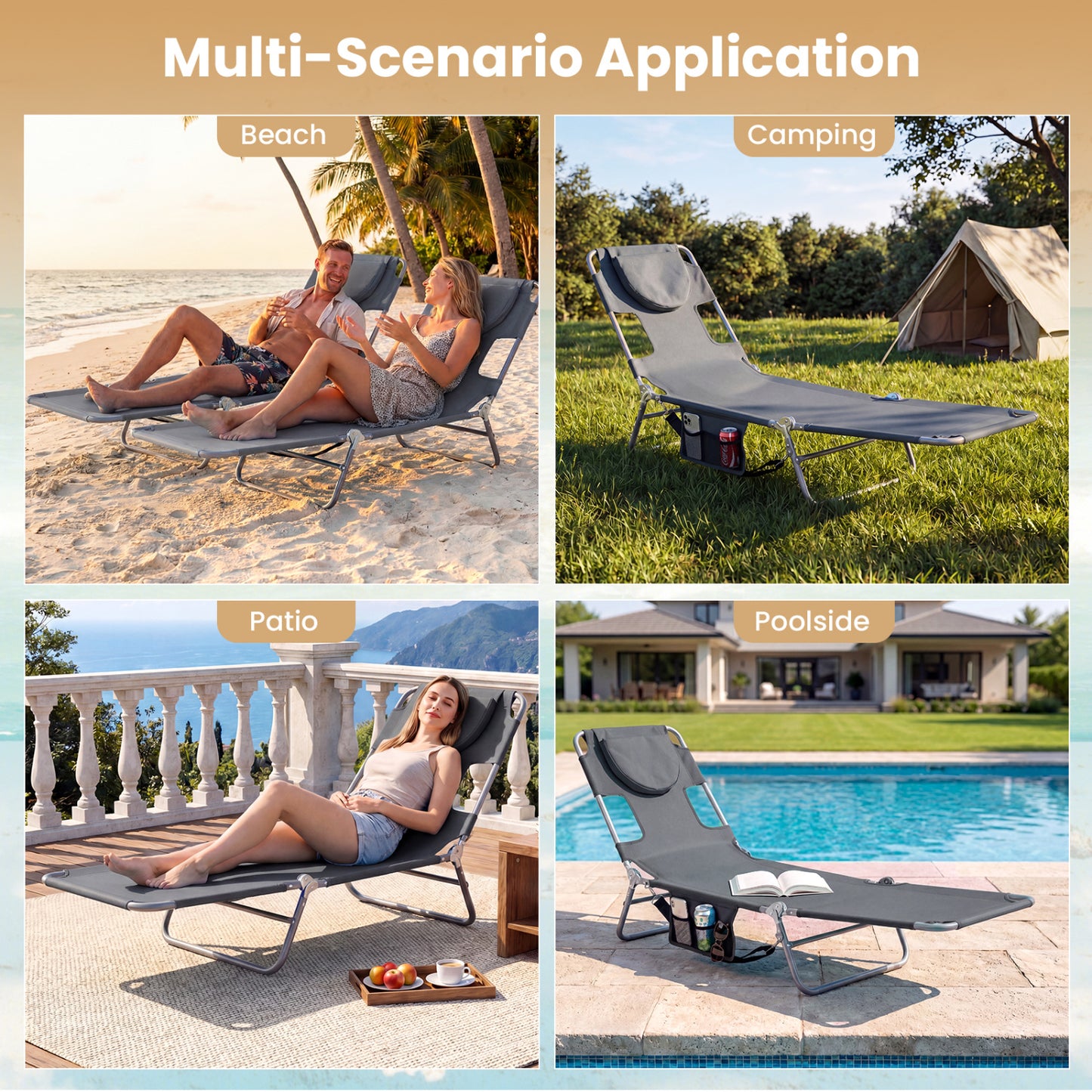 Folding Beach Lounge Chair, Adjustable Backrest, Gray Beach & Lawn Chairs at Gallery Canada