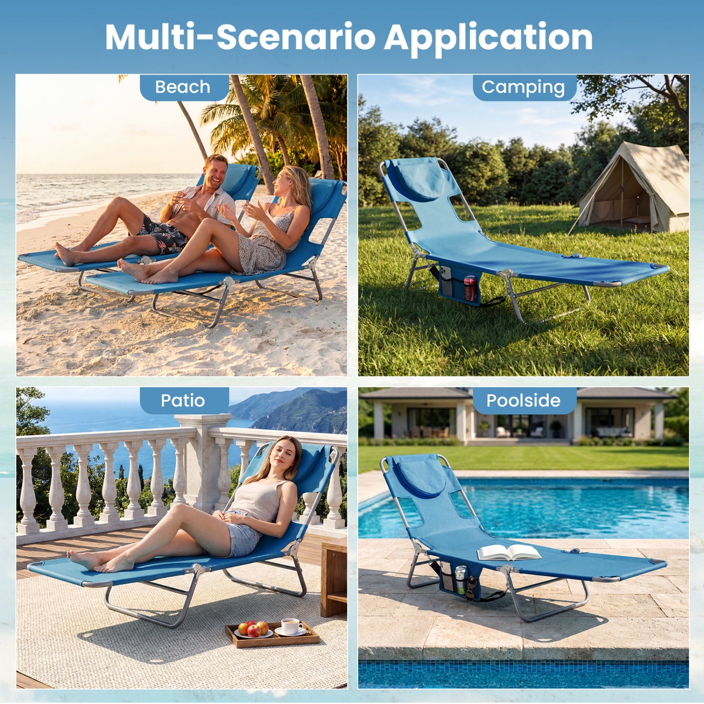 Folding Beach Lounge Chair, Adjustable Backrest, Blue Beach & Lawn Chairs at Gallery Canada