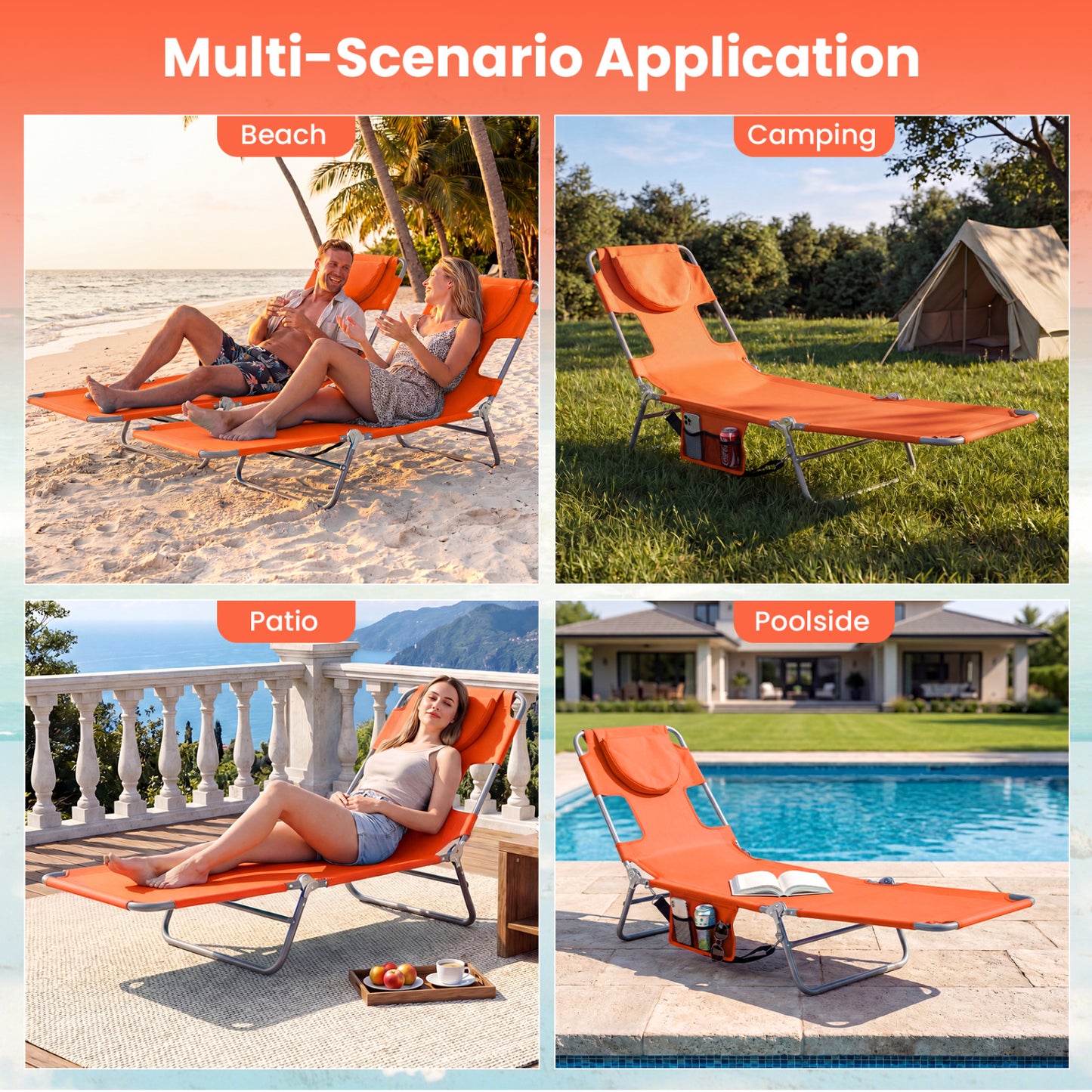 Folding Beach Lounge Chair, Adjustable Backrest, Orange Beach & Lawn Chairs at Gallery Canada