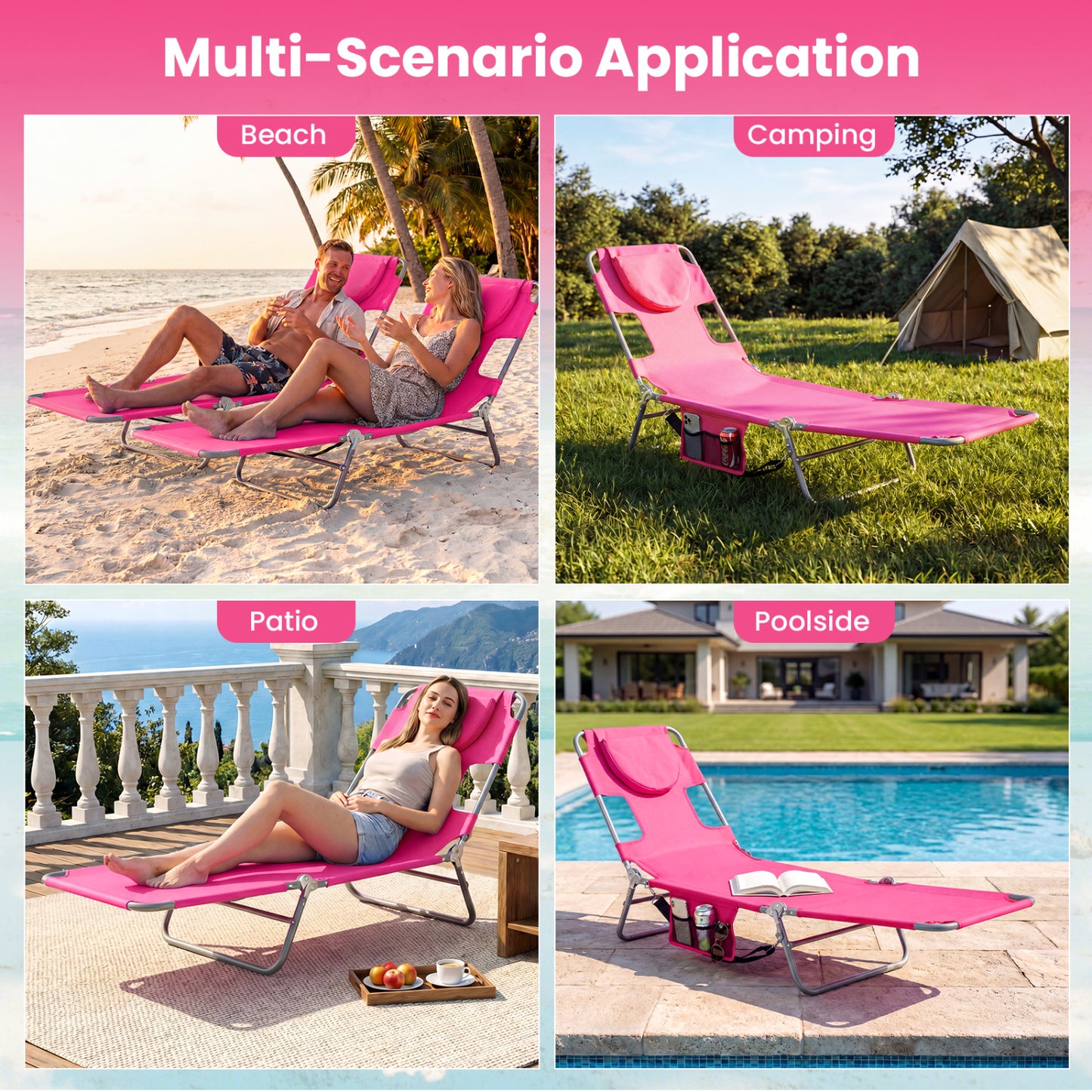 Folding Beach Lounge Chair, Adjustable Backrest, Pink Beach & Lawn Chairs at Gallery Canada