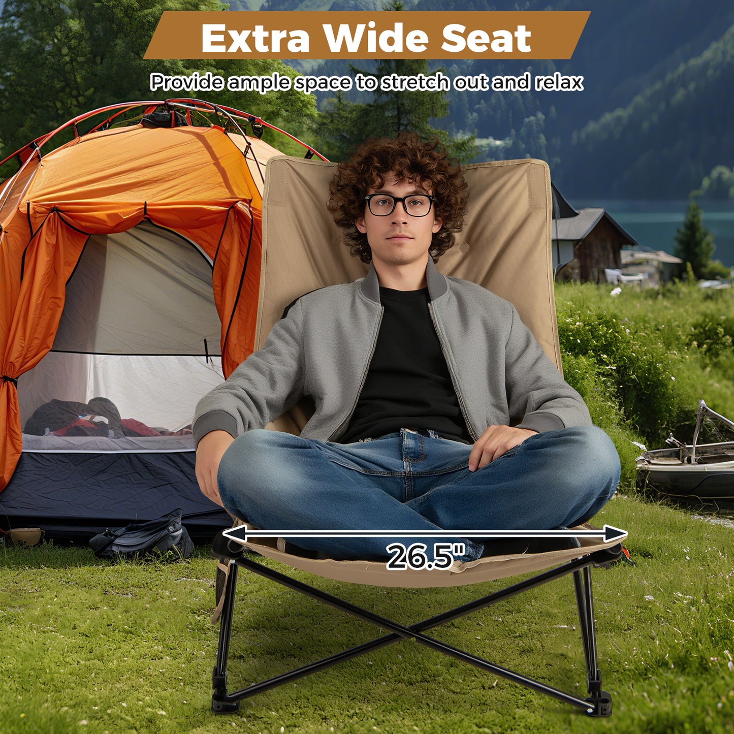 Folding Camping Chair for Adults with Adjustable Backrest and Carrying Bag, Khaki Camping Furniture at Gallery Canada