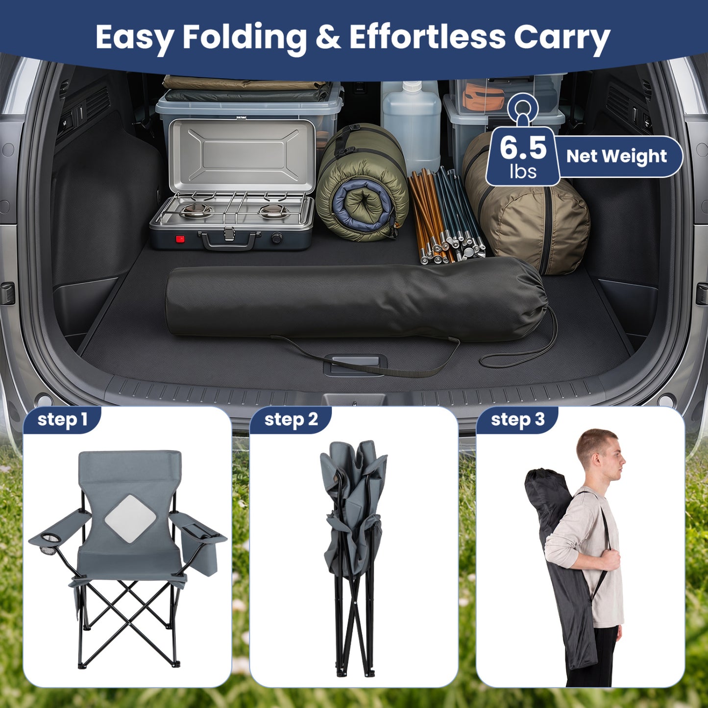 Folding Camping Chair with Mesh Back, Gray