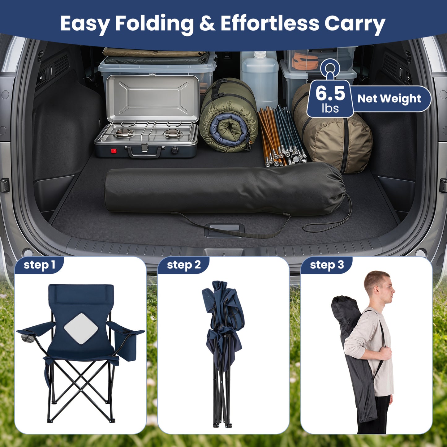 Folding Camping Chair, Mesh Backrest, Metal Frame, Bag, Blue