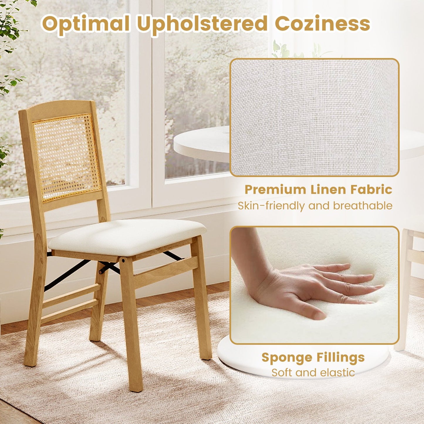 Folding Dining Chairs Set of 4 Rubber Wood Chairs with Linen Padded Seat, Natural Dining Chairs at Gallery Canada