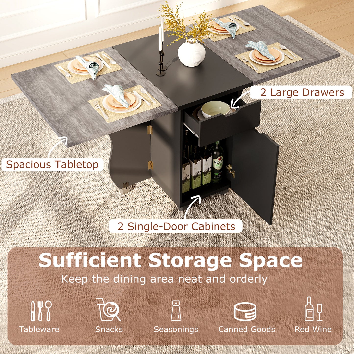 Folding Dining Table 3-in-1 Space-Saving Drop Leaf Kitchen Table with Lockable Wheels, Black Dining Tables at Gallery Canada